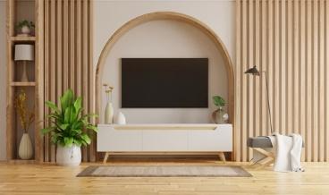 TV unit with vertical wooden panels