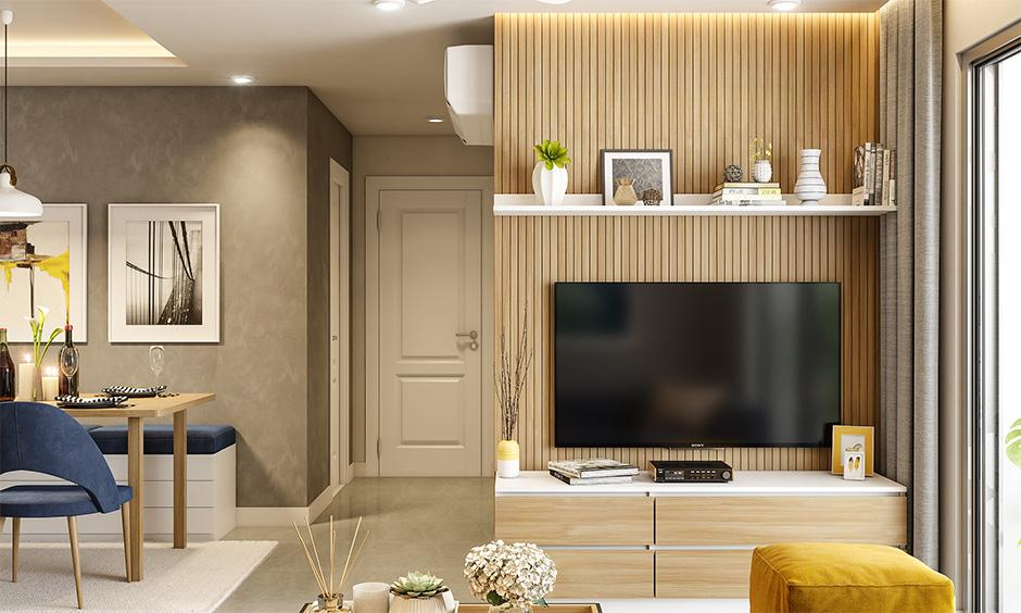 TV unit with Vertical Wooden Wall Panel Designs