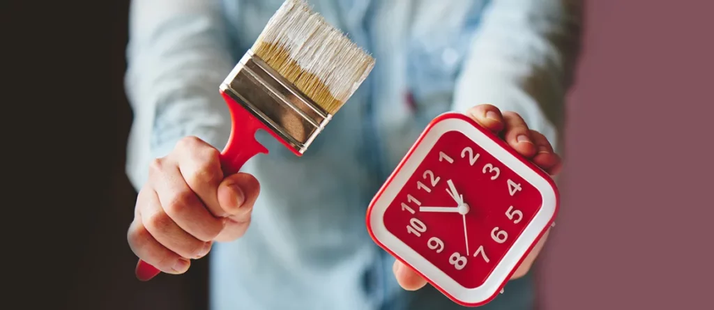 Image of a paintbrush and a watch indicating the drying time for paint.