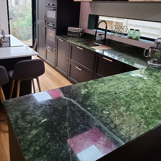 Green Marble Kitchen Countertop Color Ideas: Green marble kitchen countertops bring a refreshing and natural touch to the kitchen space.