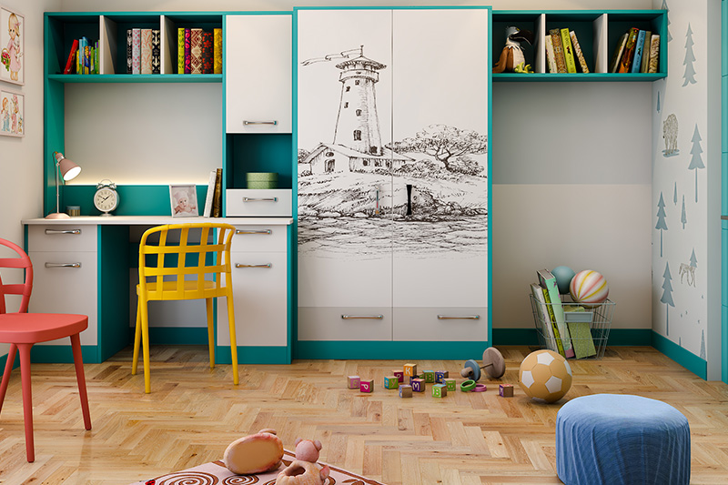 Digital laminate for wardrobe with a picturesque print on the wardrobe.  