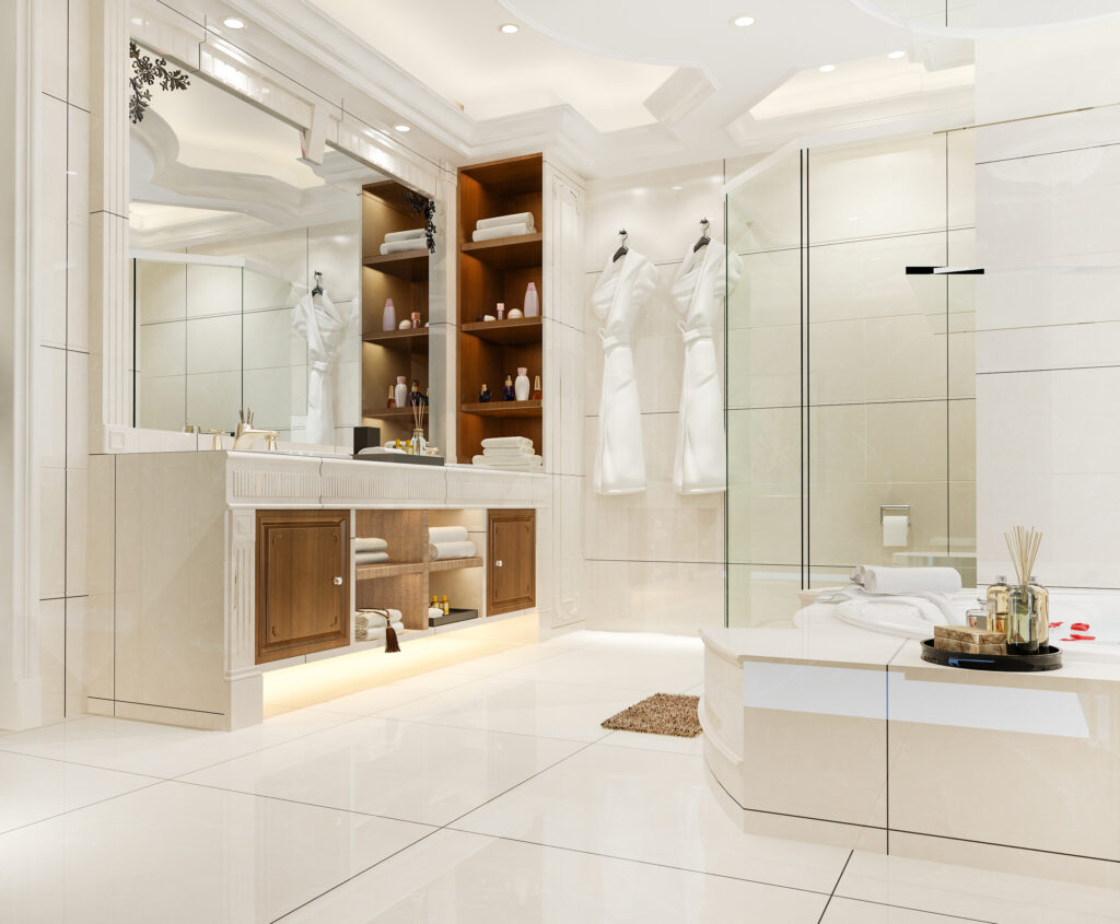 elegant bathroom with white bathroom tiles 
