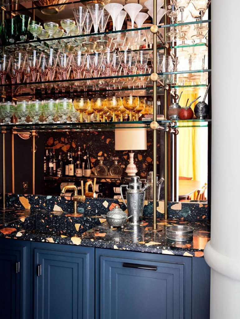 Home bar design with luxurious glassware on display