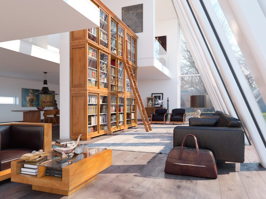High Ceiling with tall bookshelf in the living room 