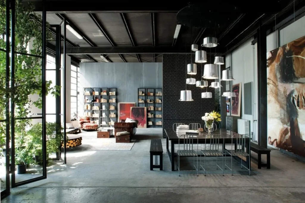 Open layout for a spacious industrial interior design style.
