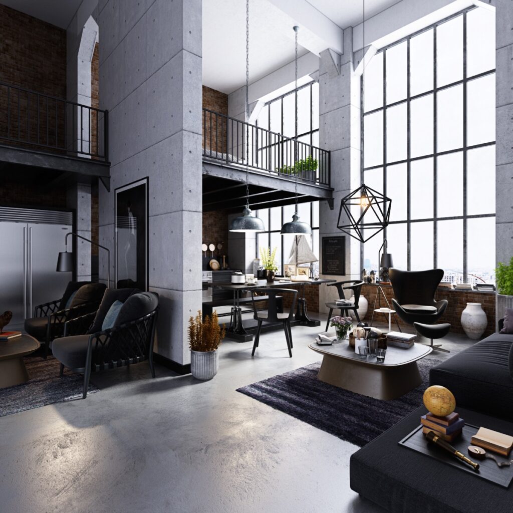 Showcasing high ceilings and tall windows, defining characteristics of industrial spaces.