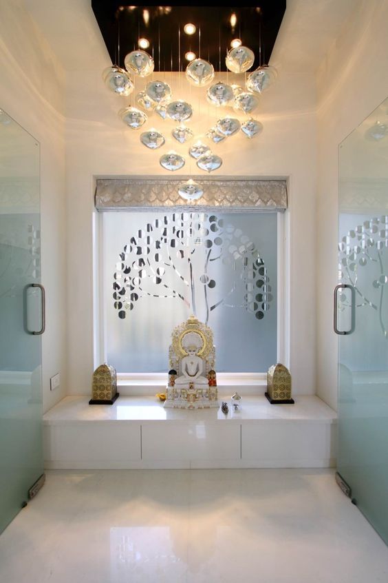 Marble Pooja Room Design Featuring Translucent Glass Background