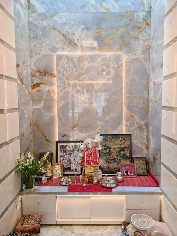 Flaunt Marble Vein Patterns With Creative Lighting In Your Pooja Room 