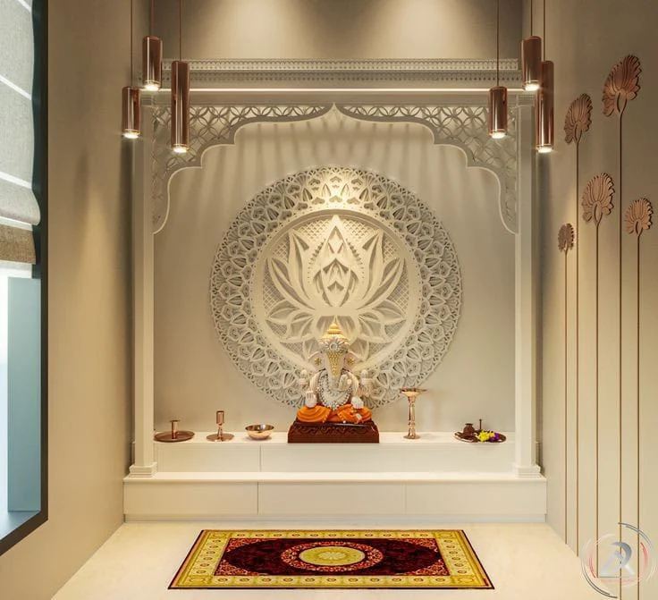 Simple Marble Pooja Mandir Designs For Homes with beautiful light fixtures