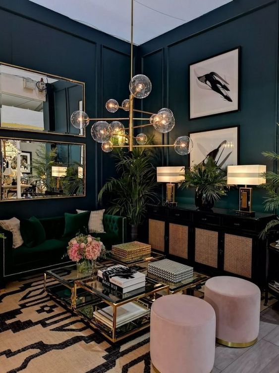 Art Deco Interior Design Style with rich colour palette and luxurious lighting 