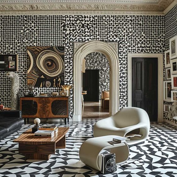 Geometric patterns on floor and wall. 