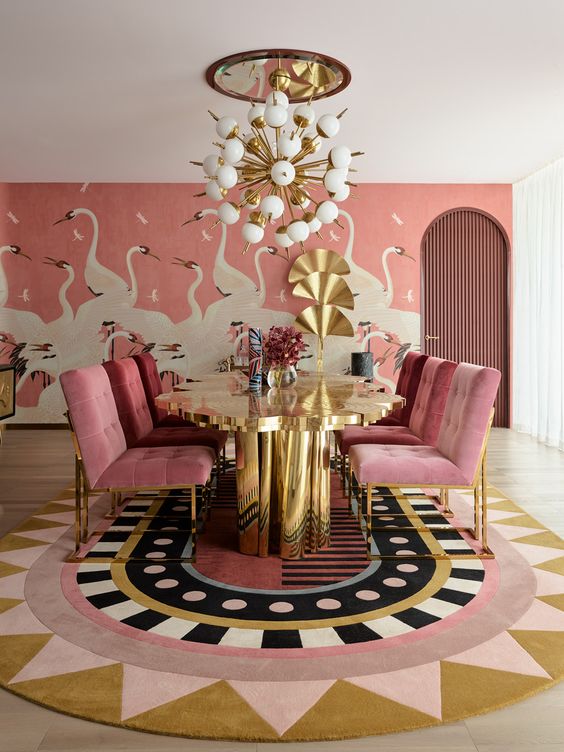Golden Accents in Art Deco Inspired interior design dining table. 